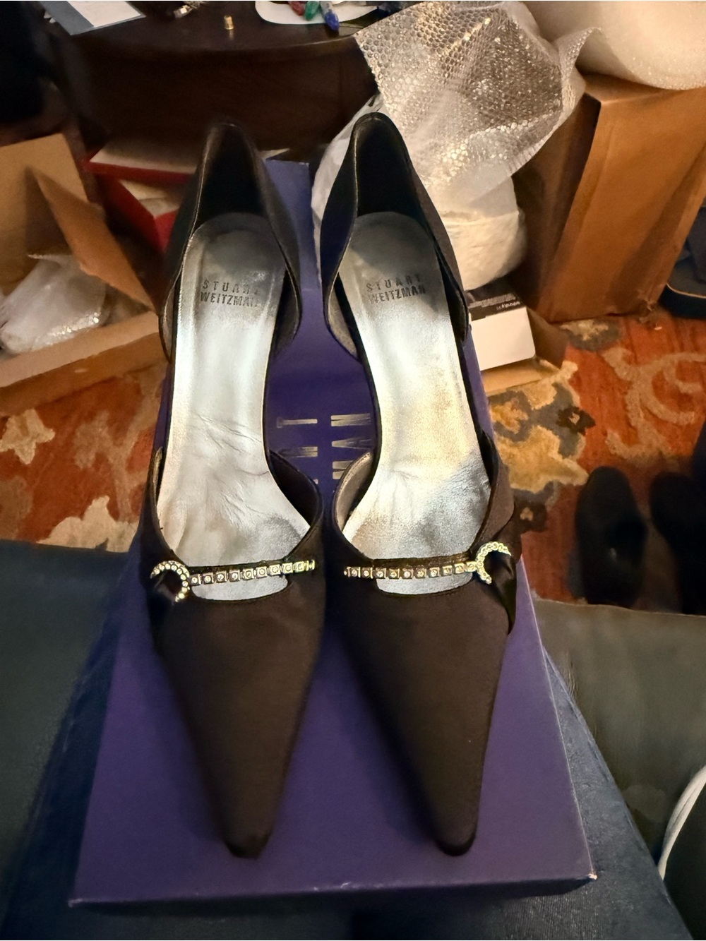 Stuart Weitzman Black Pointed Toe Pumps with Rhinestone Accent